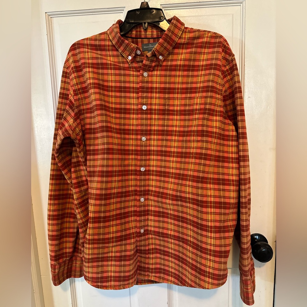 LL Bean Signature Shirt Men’s‎ XL  Orange Plaid Slim Fit Button Up Long Sleeve